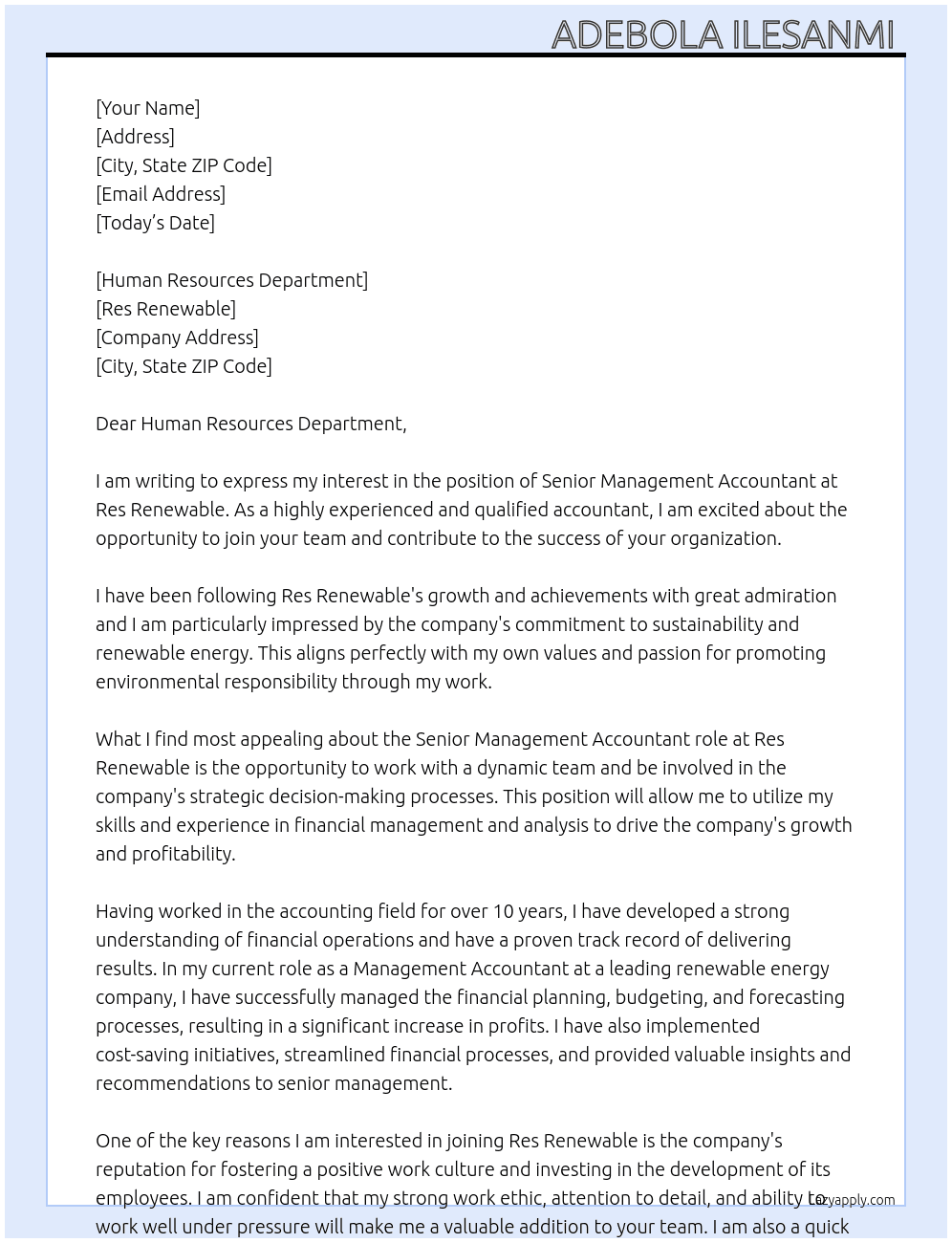 Senior Management Accountant At Res Renewable  Cover Letter