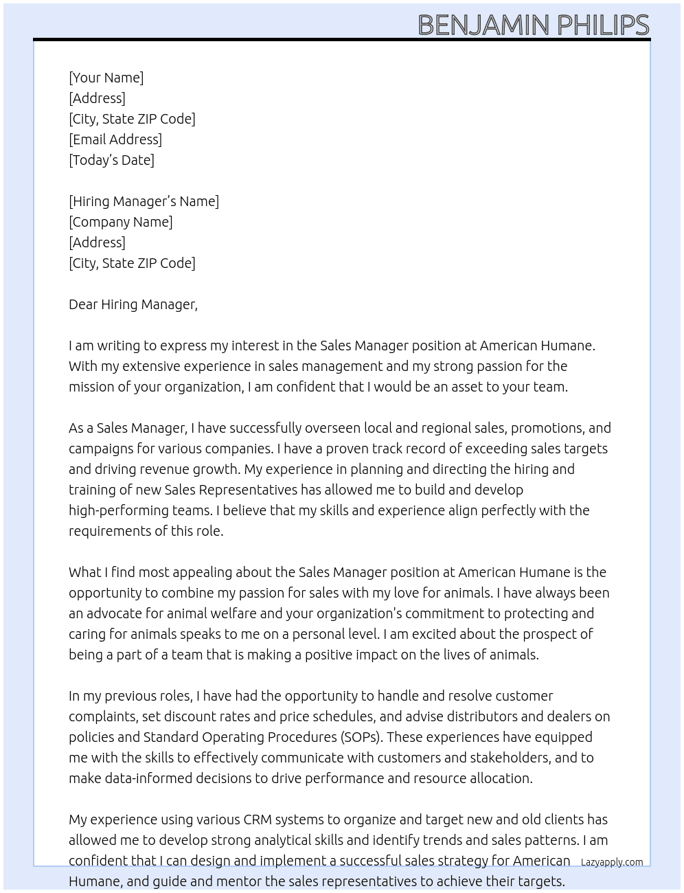 Sales Manager  At American Humane Cover Letter