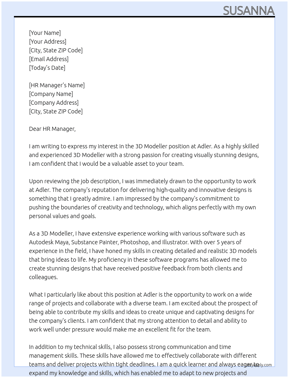 3d modeller  At Adler Cover Letter