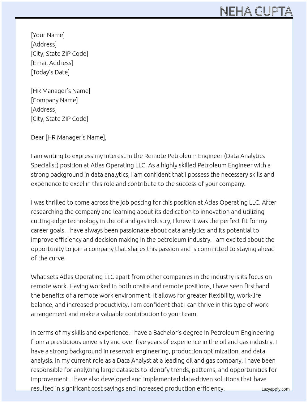 Remote Petroleum Engineer (Data Analytics Specialist) At Atlas Operating LLC Cover Letter