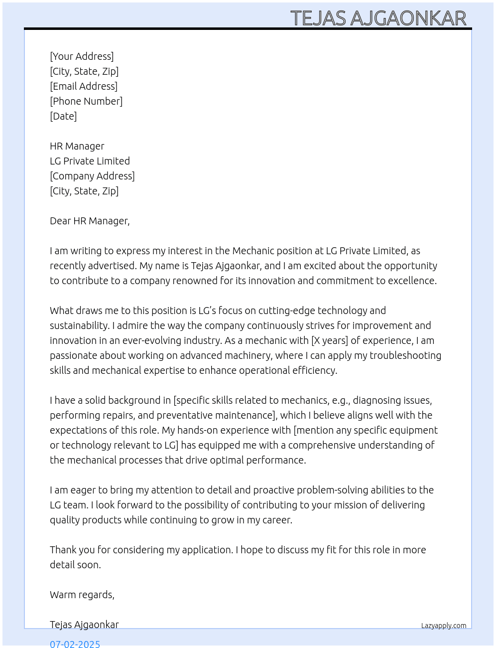 Cover letter for machanic etc. - LazyApply
