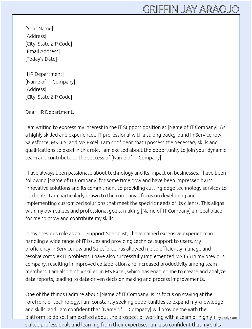 IT support At IT company Cover Letter
