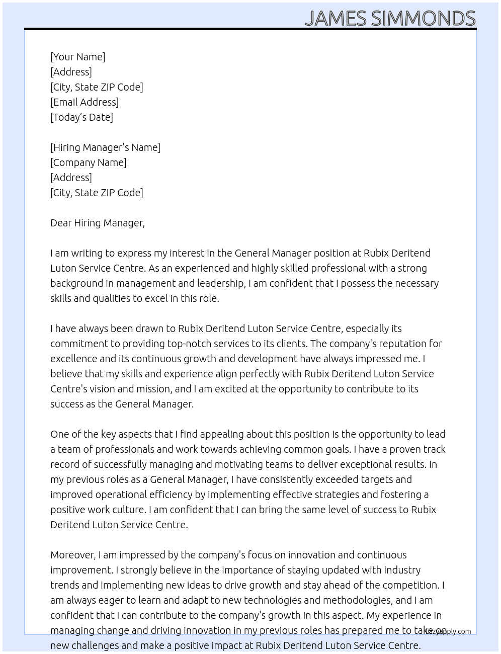General Manager At Rubix Deritend Luton Service Centre Cover Letter