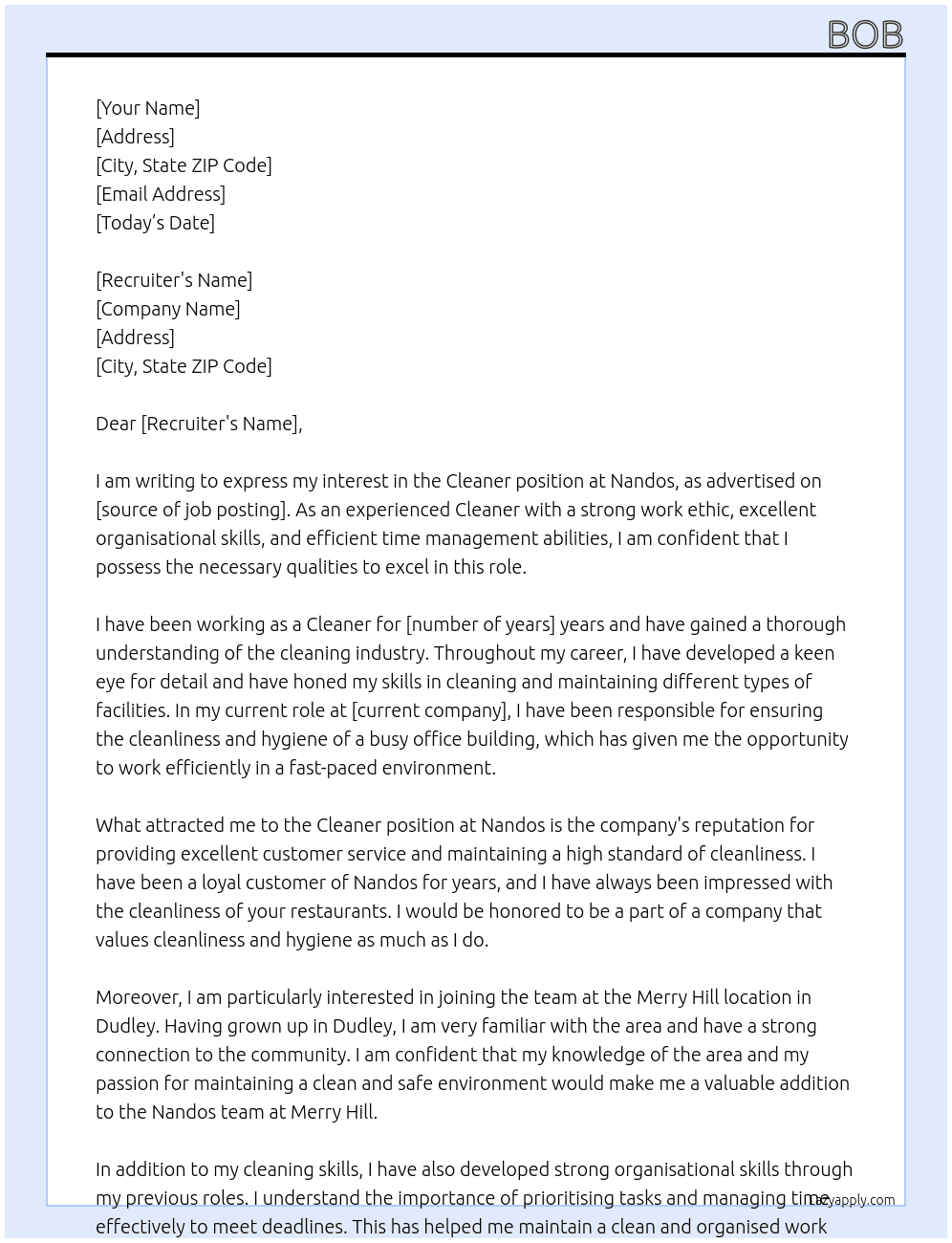 Cleaner At Nandos Cover Letter
