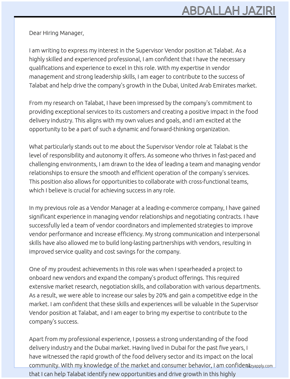Supervisor Vendor At Talabat Cover Letter