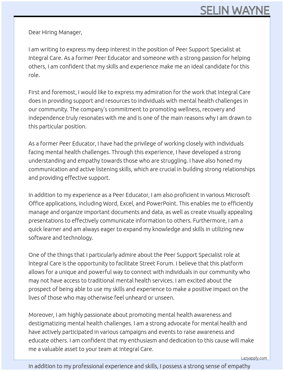Peer Support Specialist At Integral Care Cover Letter