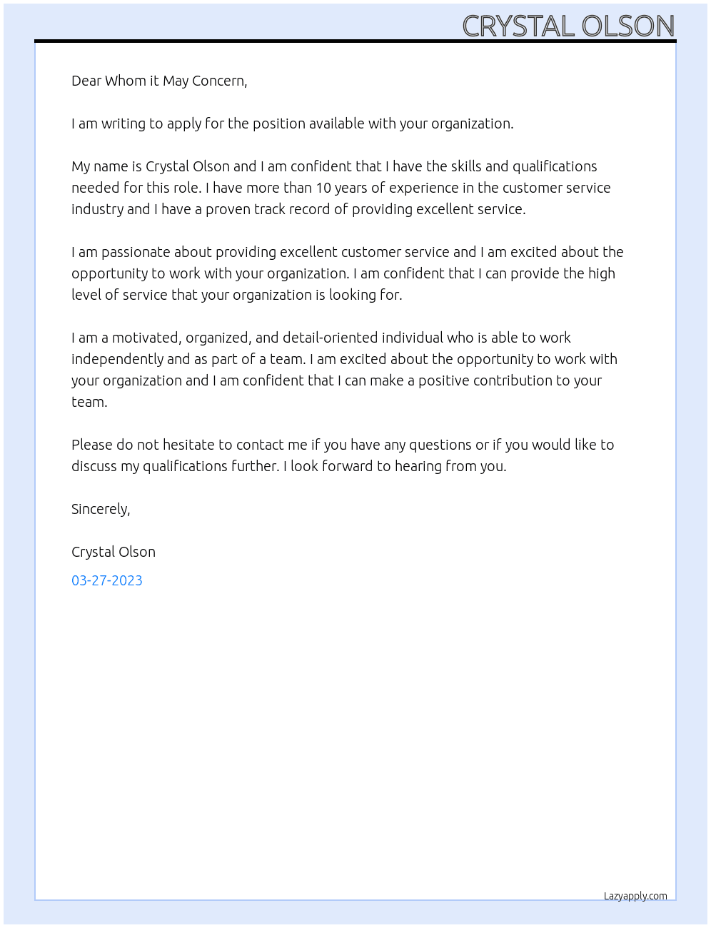 position available At working with your organization Cover Letter