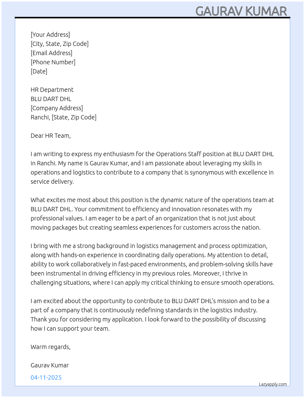 Cover letter for operation staff ranchi - LazyApply
