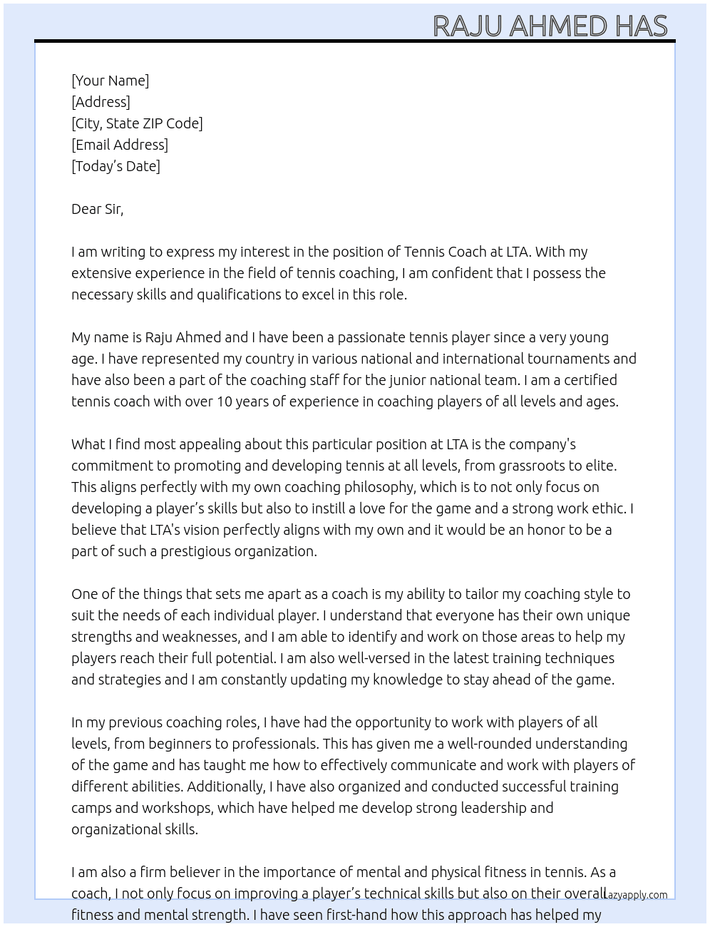 Tennis coach  At Dear LTA Cover Letter