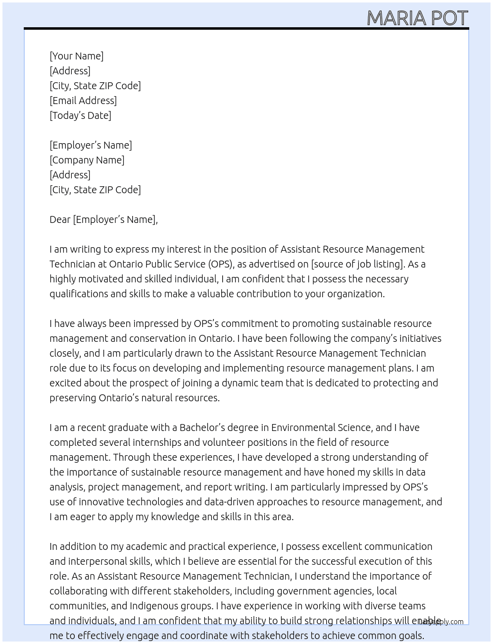 Assistant Resource Management Technician At Ontario Public Service Cover Letter