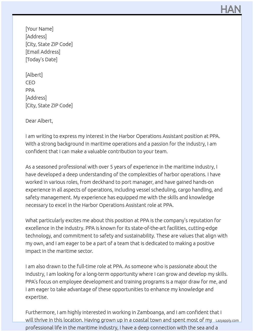 Harbor operations assistant At PPA Cover Letter