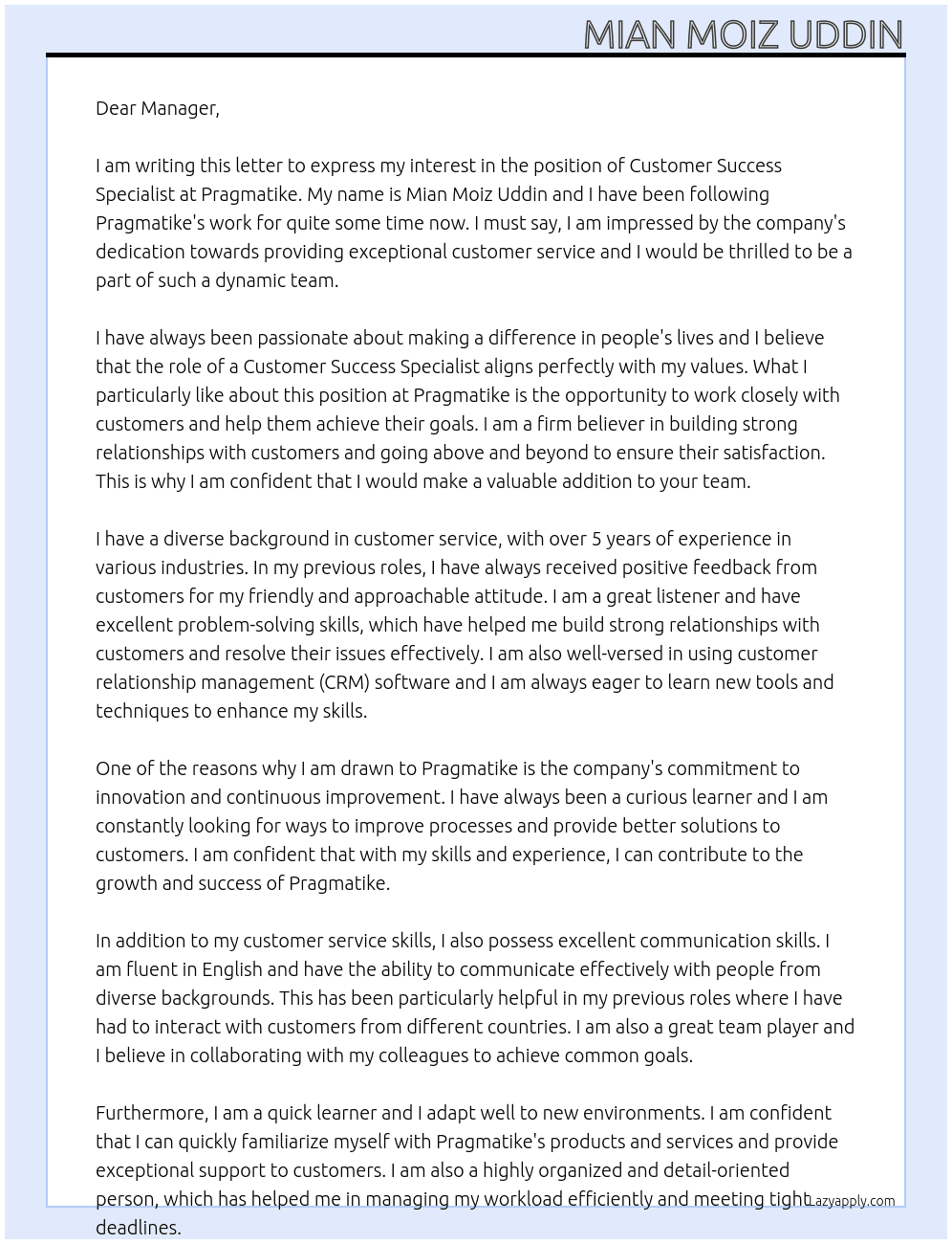 Customer Success Specialist At Pragmatike Cover Letter