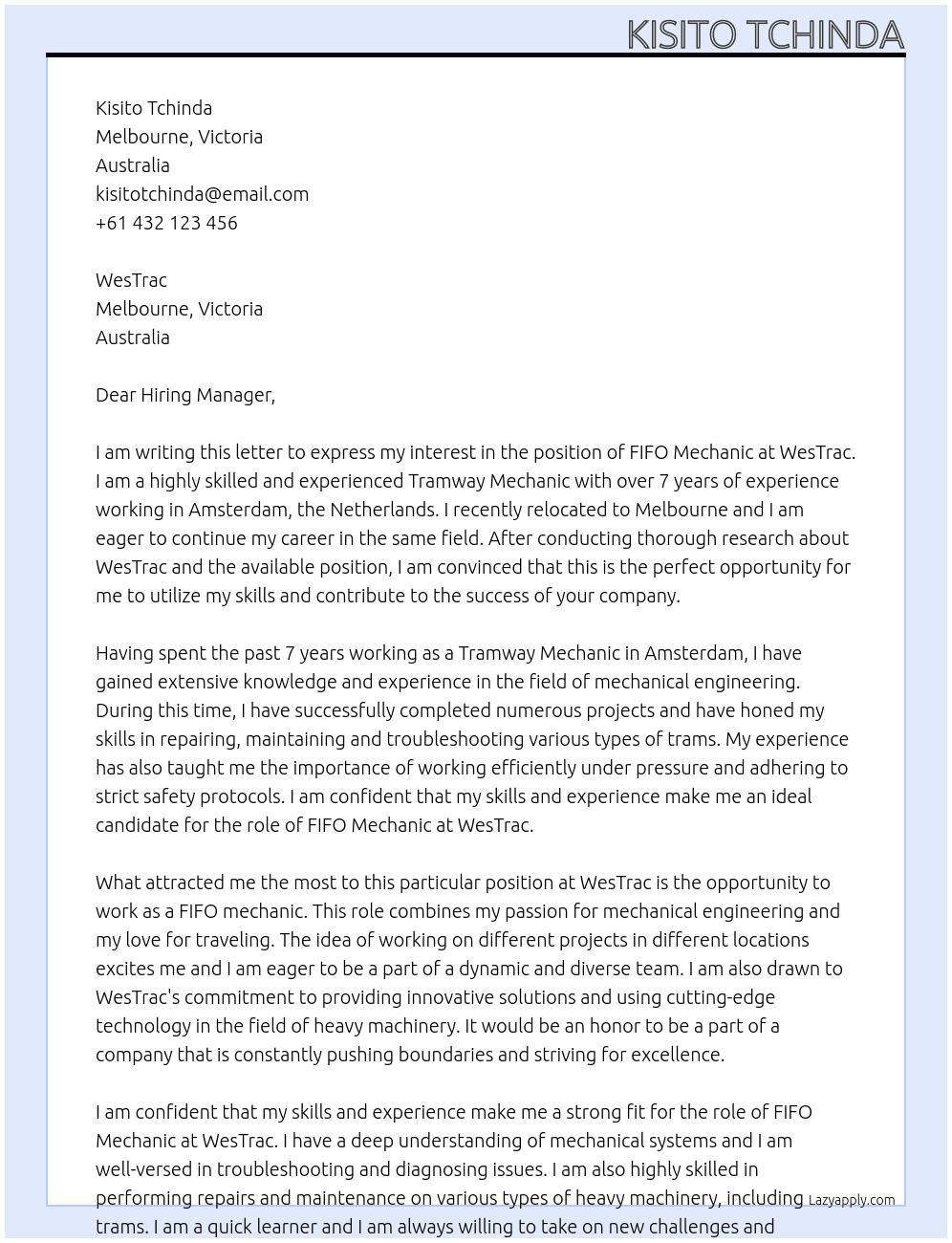 FIFO mechanic At WesTrac Cover Letter