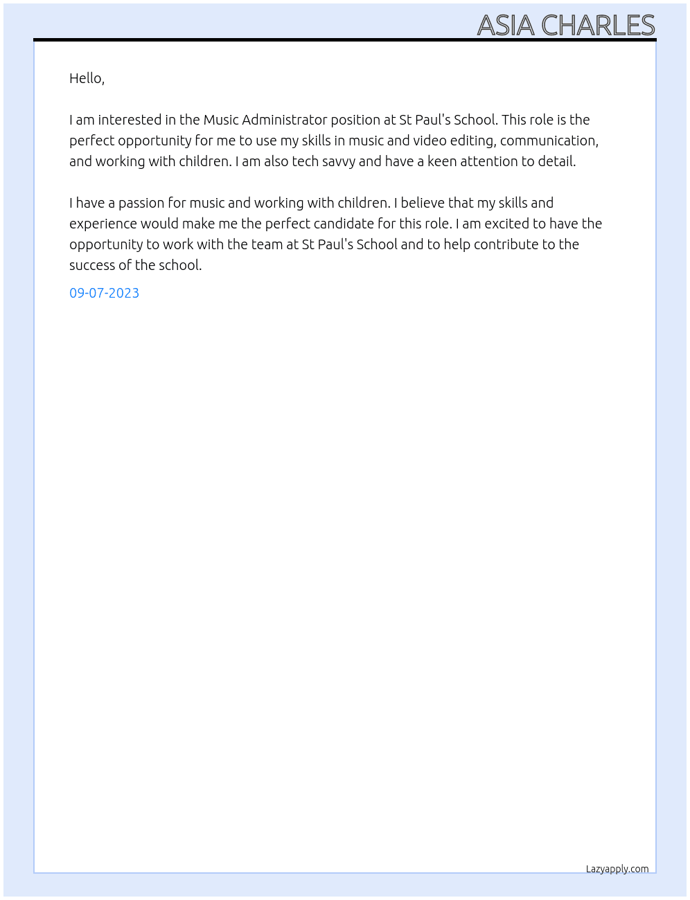 Music Administrator At St Paul's School  Cover Letter