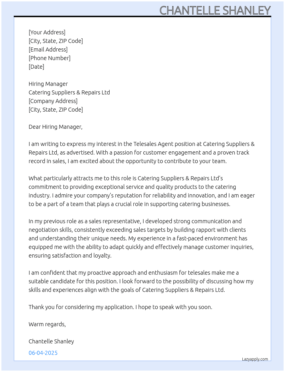 Telesales Agent At Catering Suppliers & Repairs Ltd Cover Letter