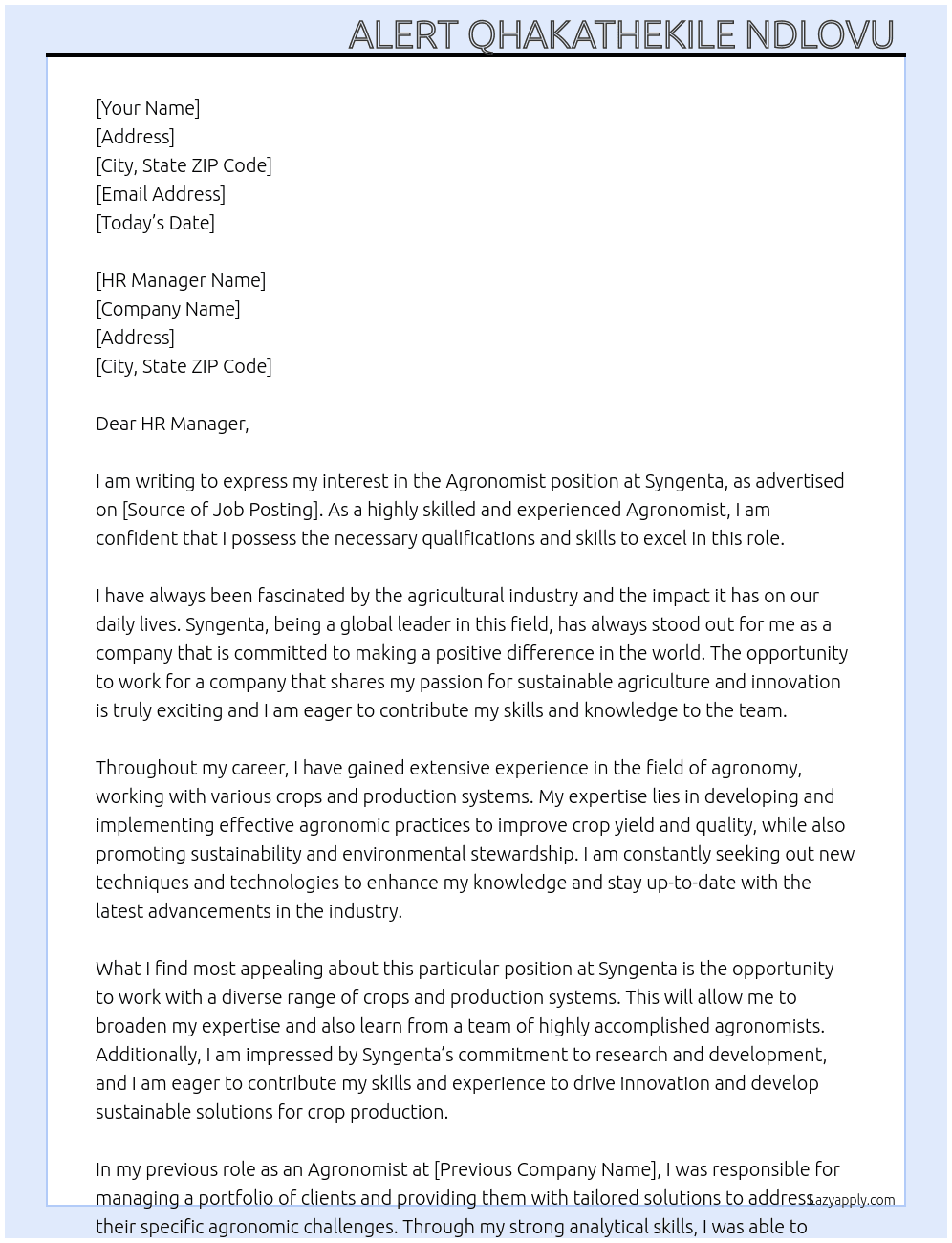 Agronomist  At Syngenta Cover Letter