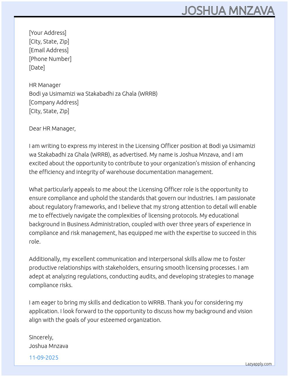 LICENSING OFFICER At Bodi ya Usimamizi wa Stakabadhi za Ghala (WRRB) Cover Letter