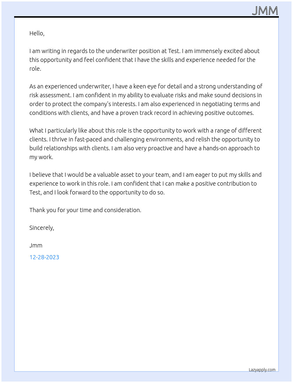 underwriter  At test Cover Letter
