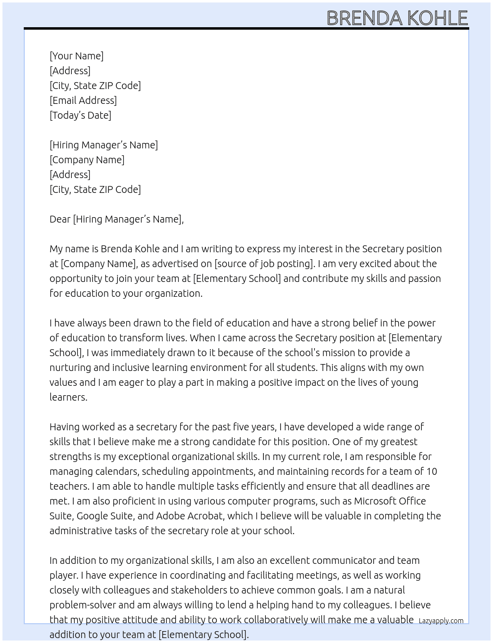 secretary At Elementary school  Cover Letter