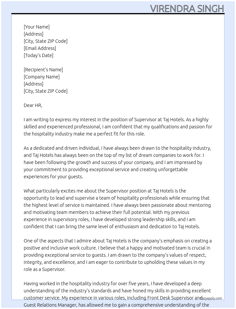 superviser At Taj Hotels Cover Letter