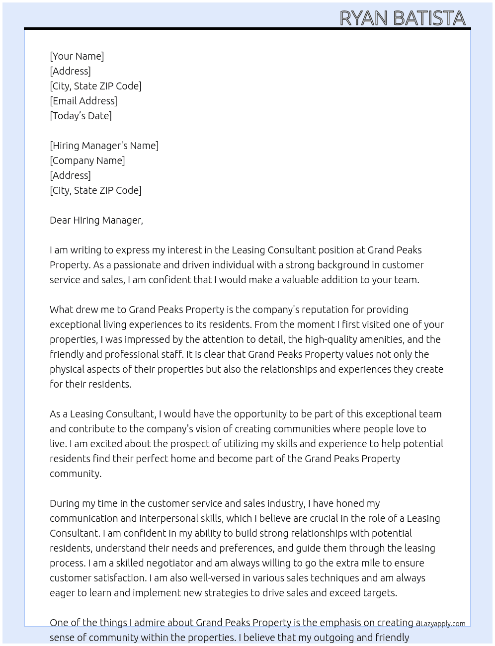 Leasing Consultant At Grand Peaks Property Cover Letter