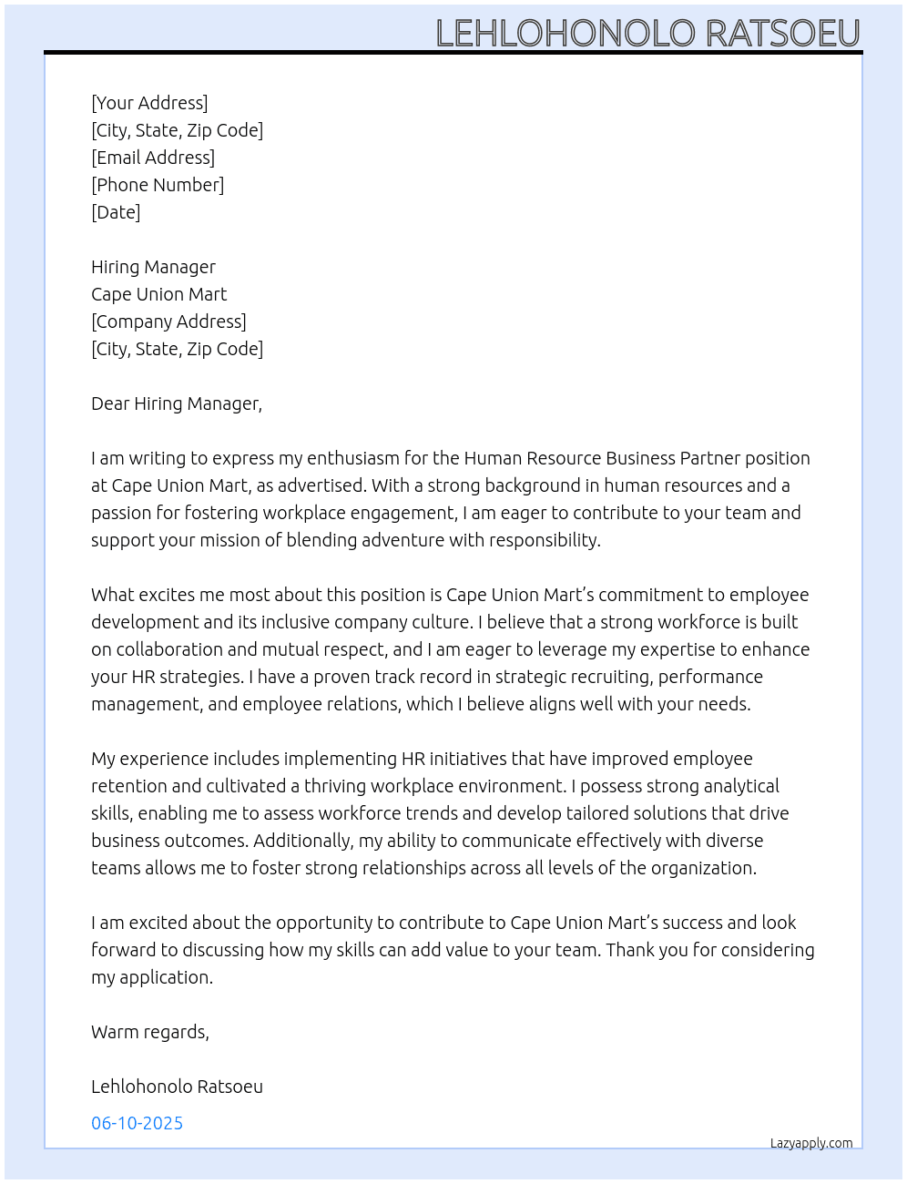Human Resource Business Partner At Cape Union Mart Cover Letter