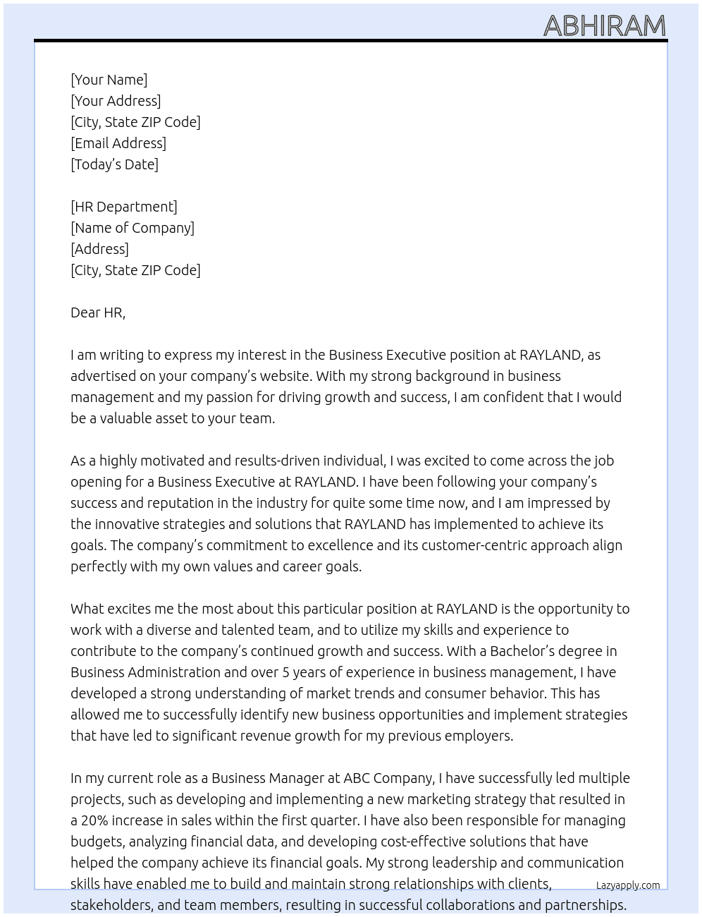 Business excutive  At RAYLAND Cover Letter