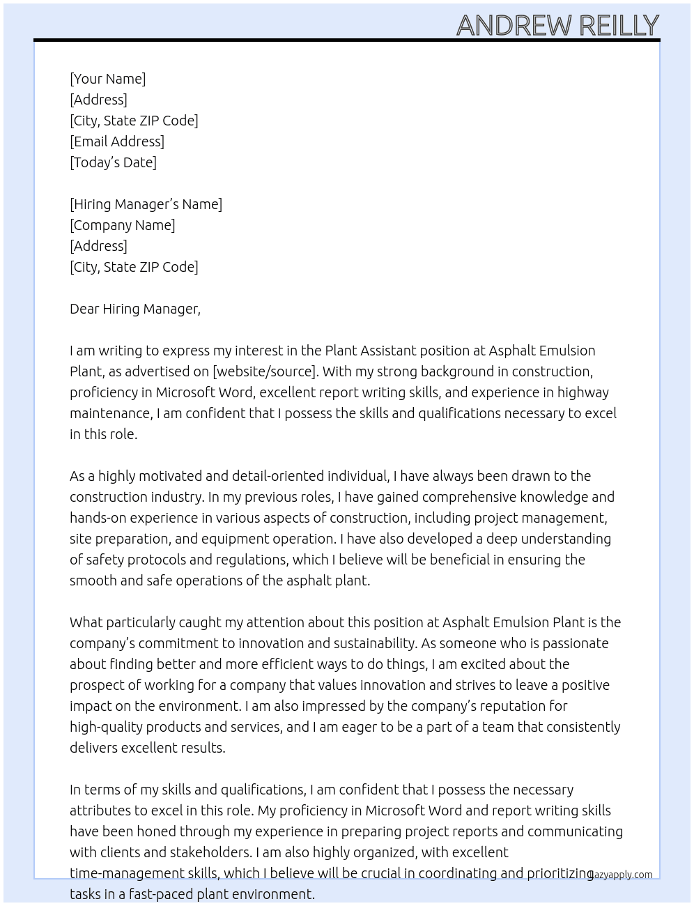 Plant Assistant At Asphalt Emulsion Plant Cover Letter