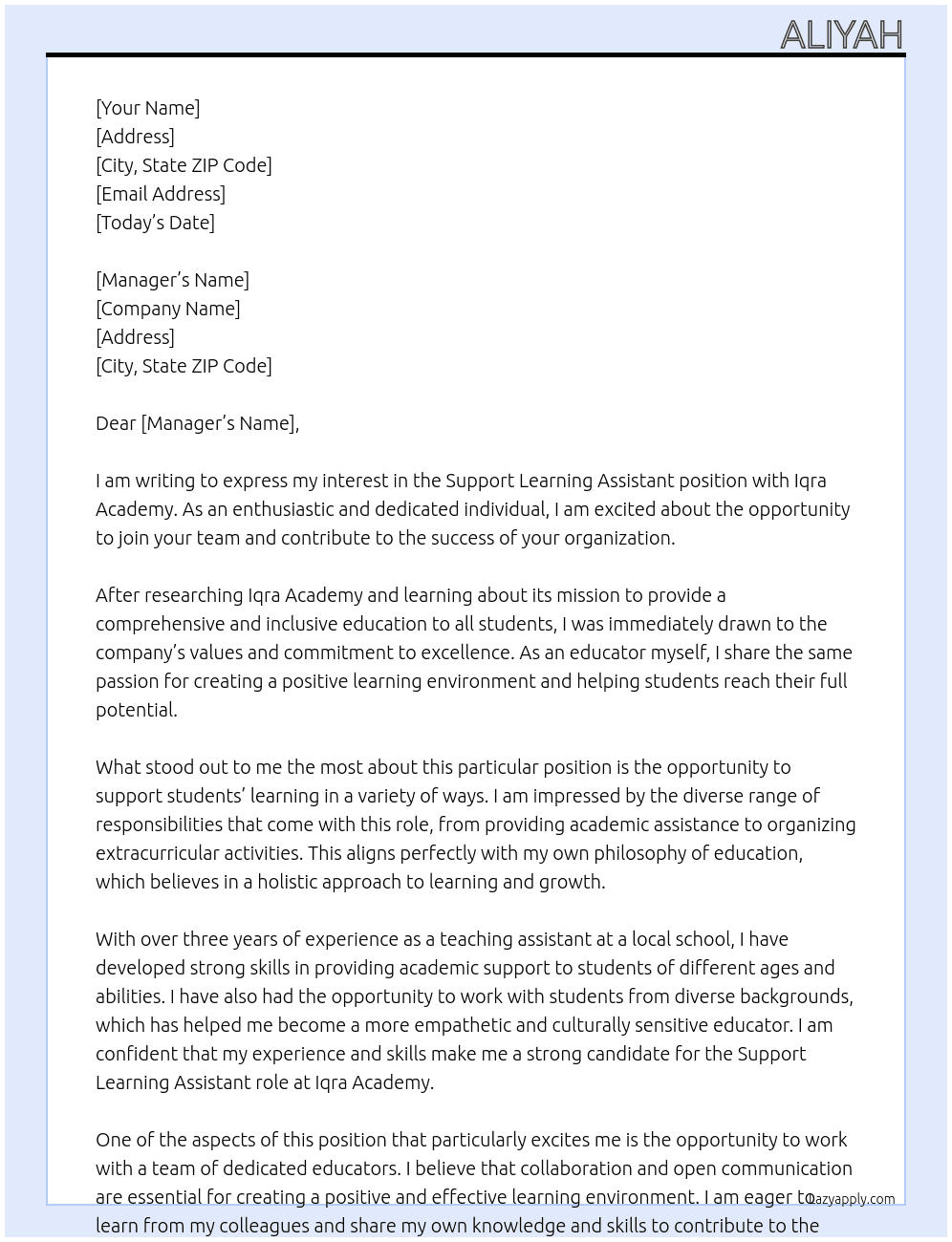 Support learning assistant  At Iqra academy  Cover Letter