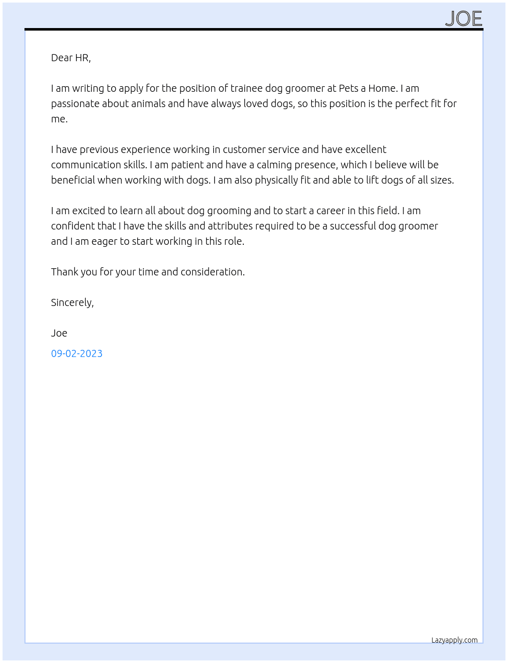 trainee dog groomer At pets a home Cover Letter