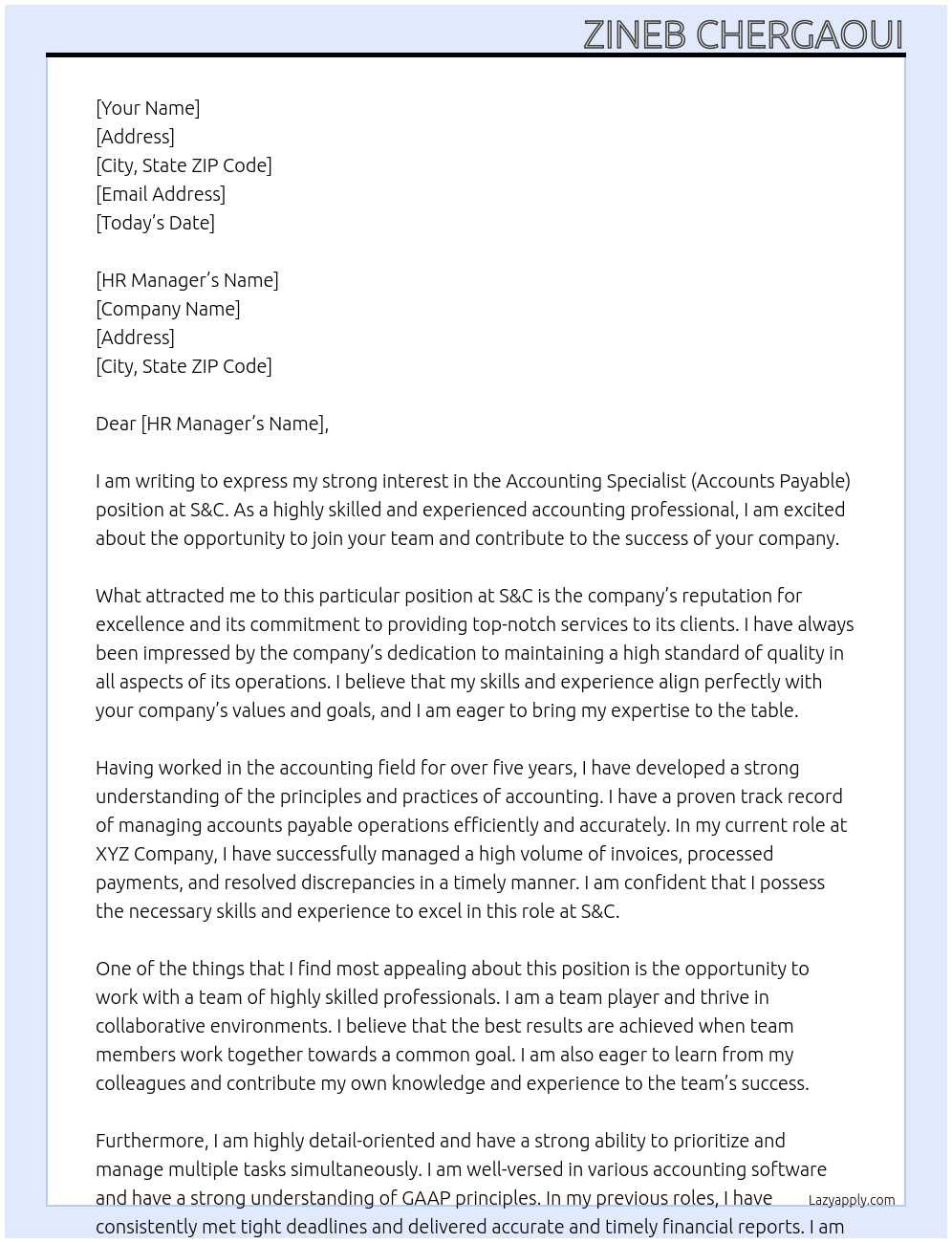 Accounting Specialist (Accounts Payable) At S&C Cover Letter