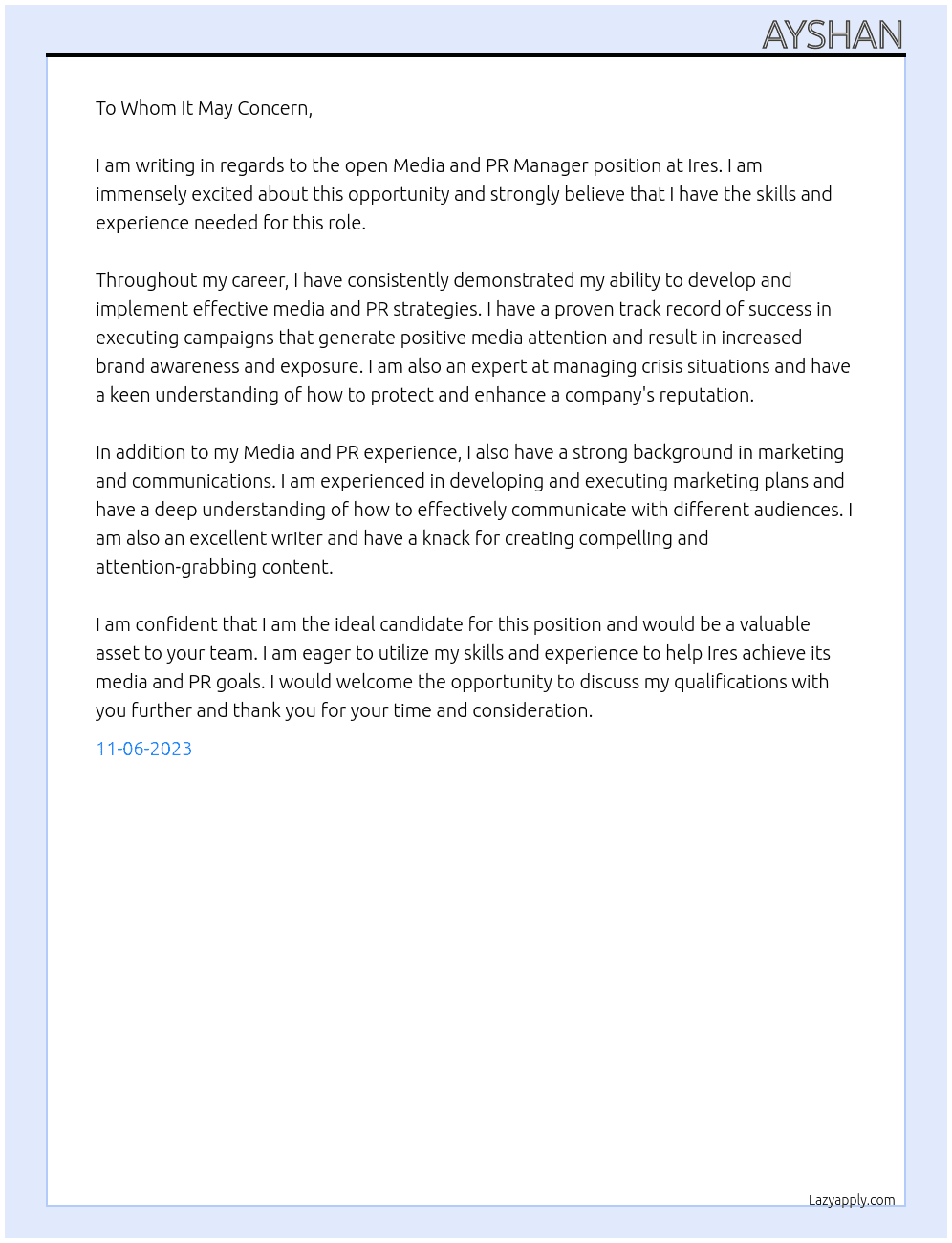 Media and PR Manager At Ires Cover Letter
