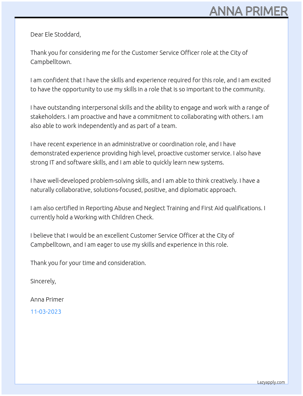 Customer Service Officer At City of Campbelltown  Cover Letter