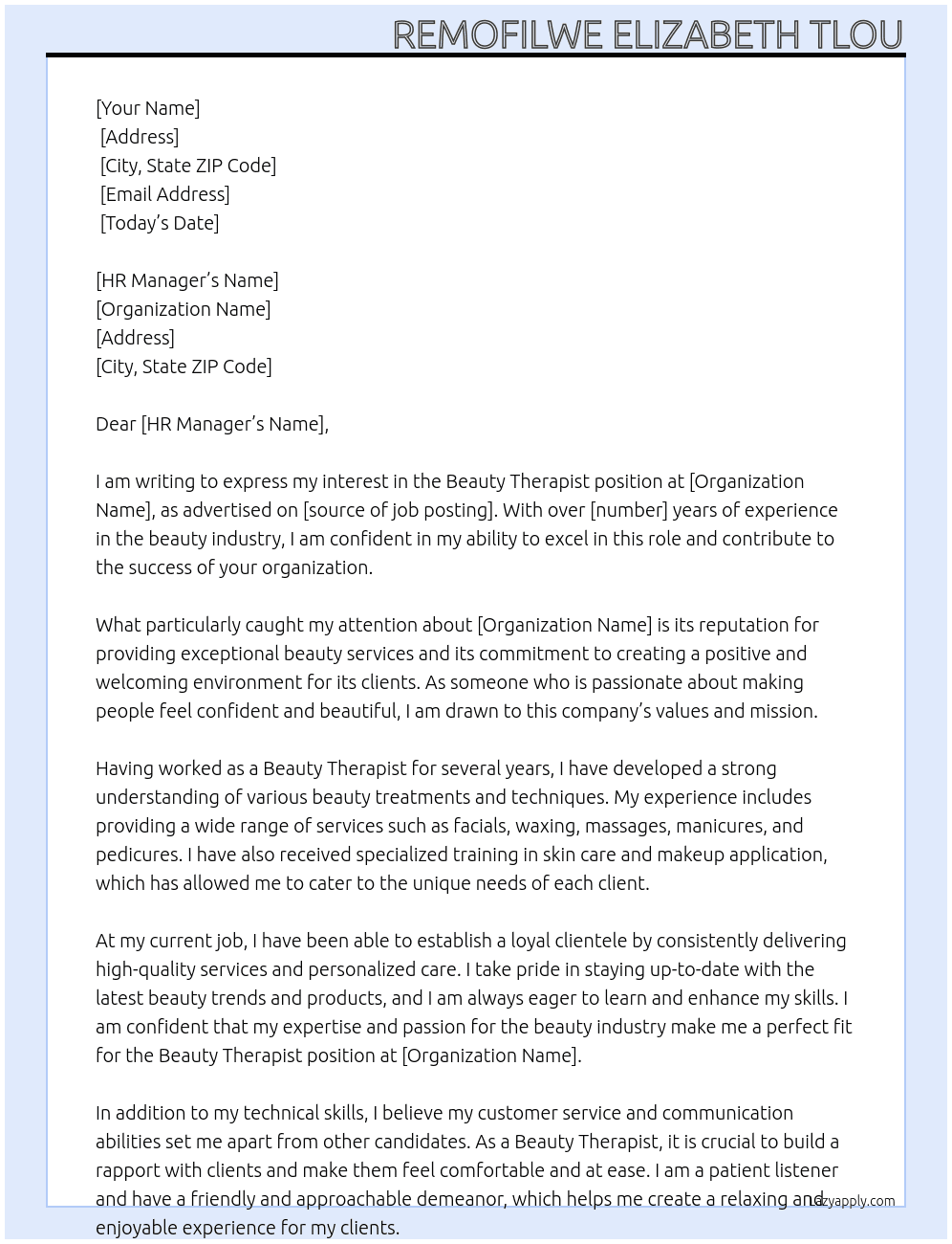 Beauty Therapist At Organization Cover Letter