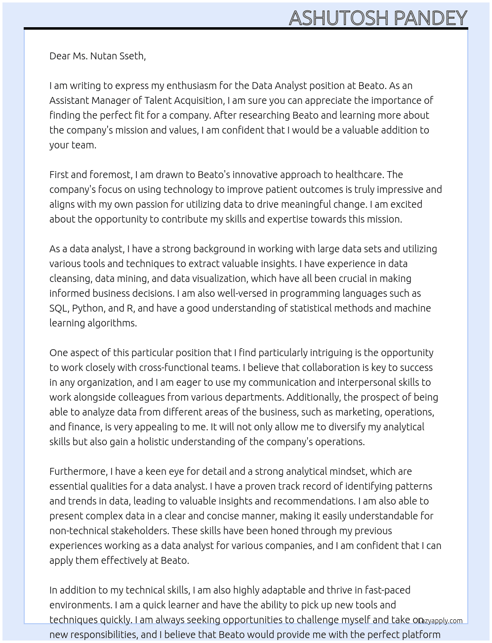Data Analyst At Beato Cover Letter