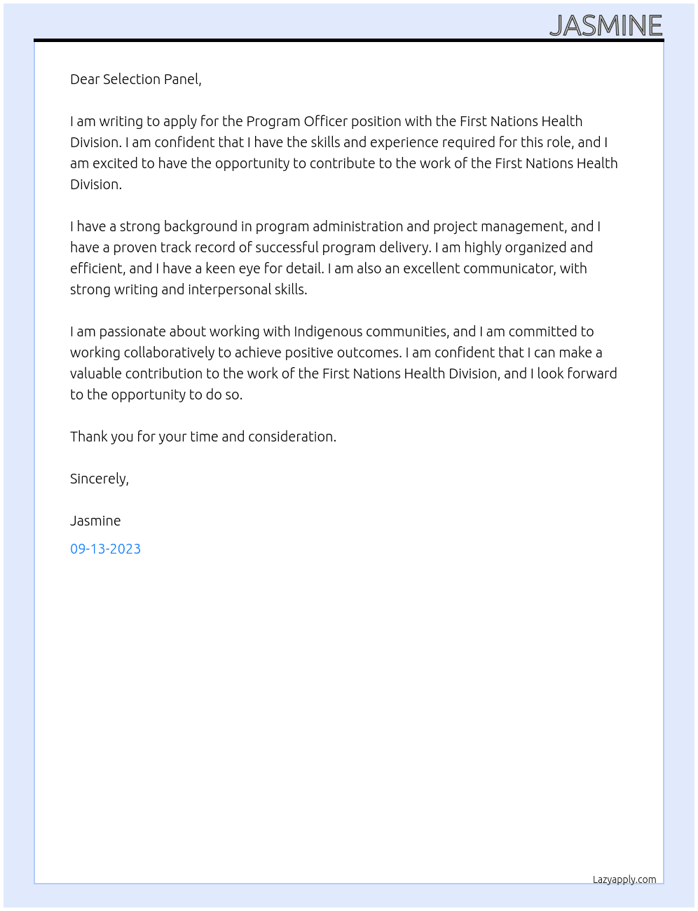 Program Officer At First Nations Health Division Cover Letter