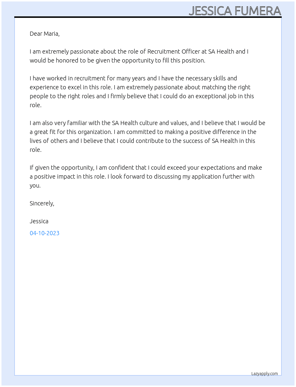 Recruitment Officer At SA Heallth Cover Letter