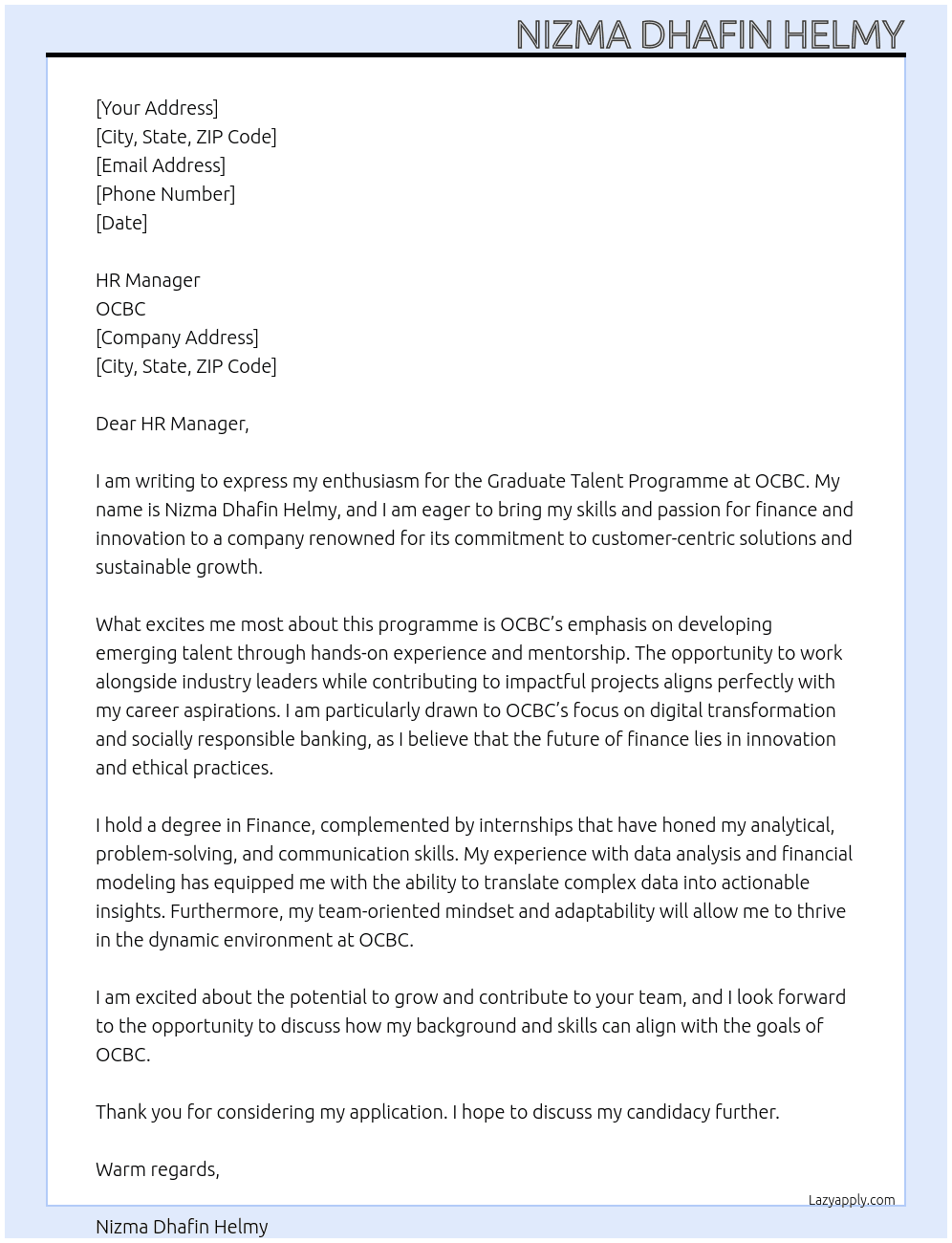 Graduate Talent Programme At OCBC Cover Letter