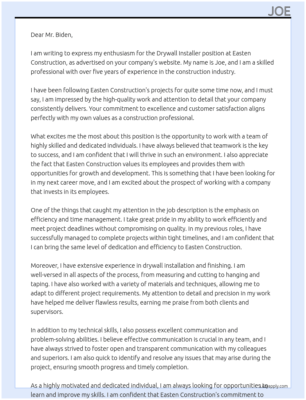 Drywall installer At easten construction Cover Letter