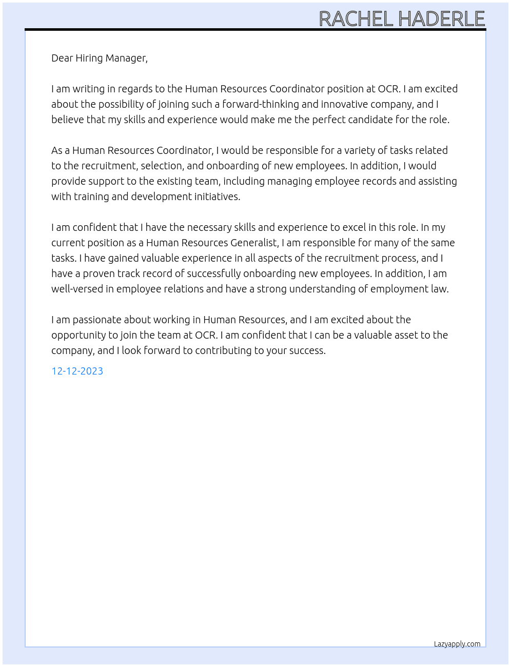 Human Resources Coordinator At OCR Cover Letter