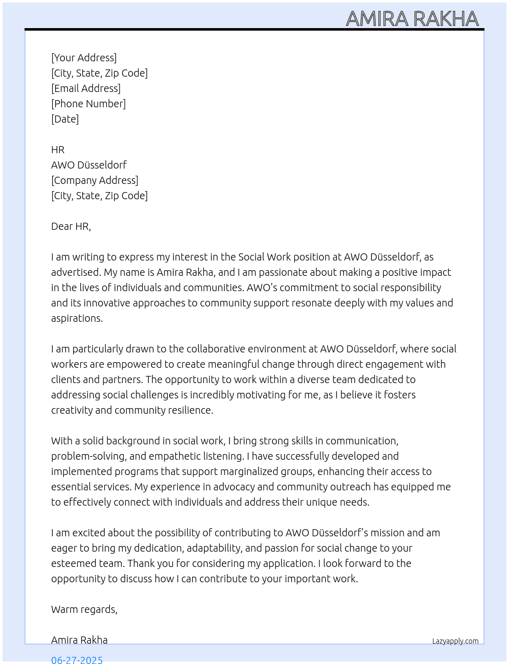 social work  At AWO Düsseldorf Cover Letter