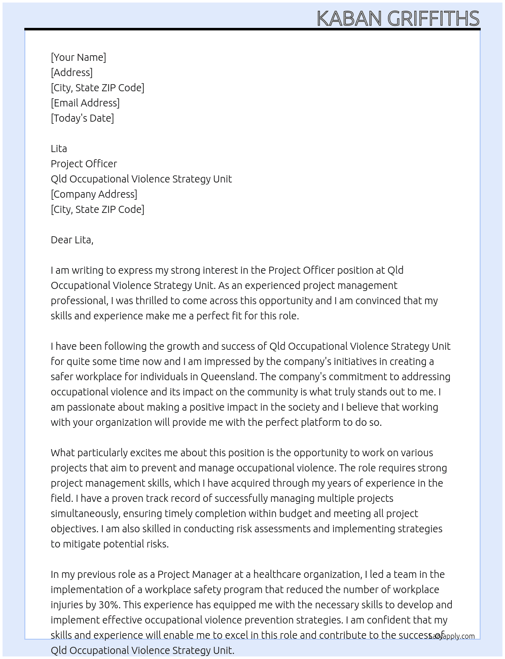 Project Officer At Qld Occupational Violence Strategy Unit Cover Letter