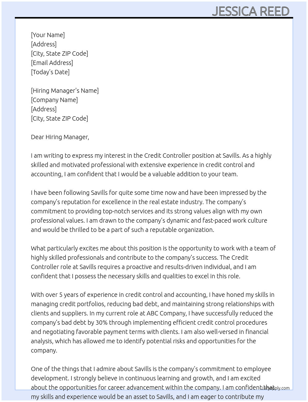 Credit Controller  At Savills Cover Letter