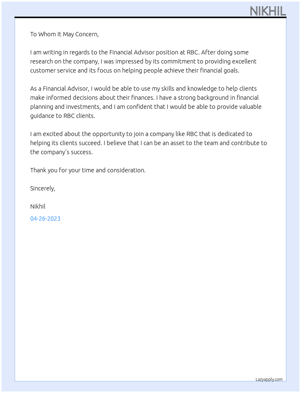 FInancial Advisor At RBC Cover Letter