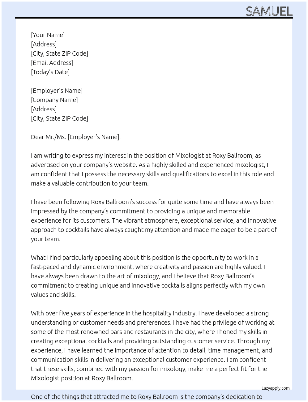 Mixologist At Roxy Ballrom  Cover Letter