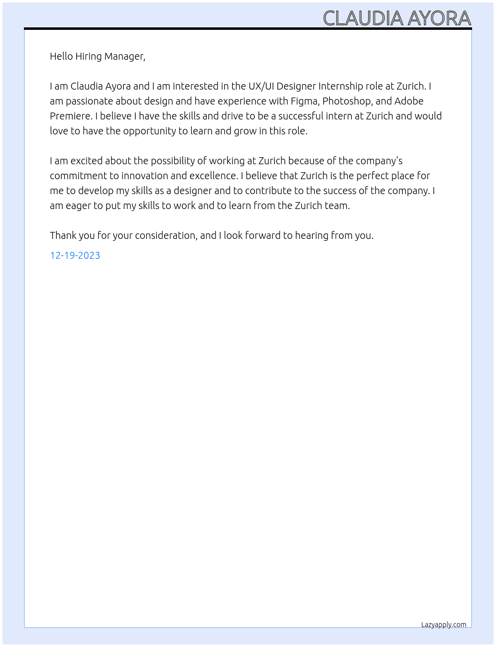 Ux Ui designer At Zurich Cover Letter