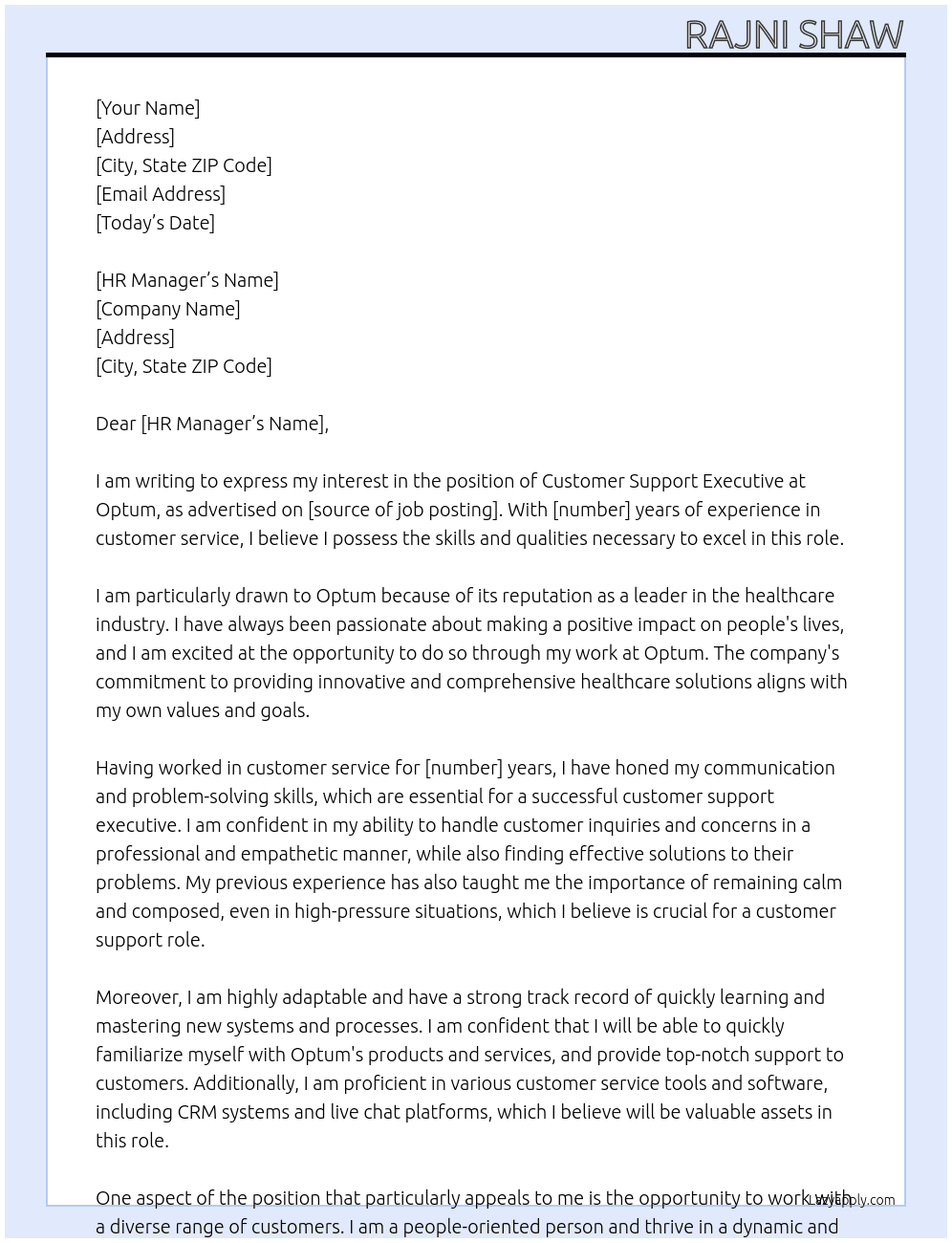 Customer support executive  At Optum Cover Letter
