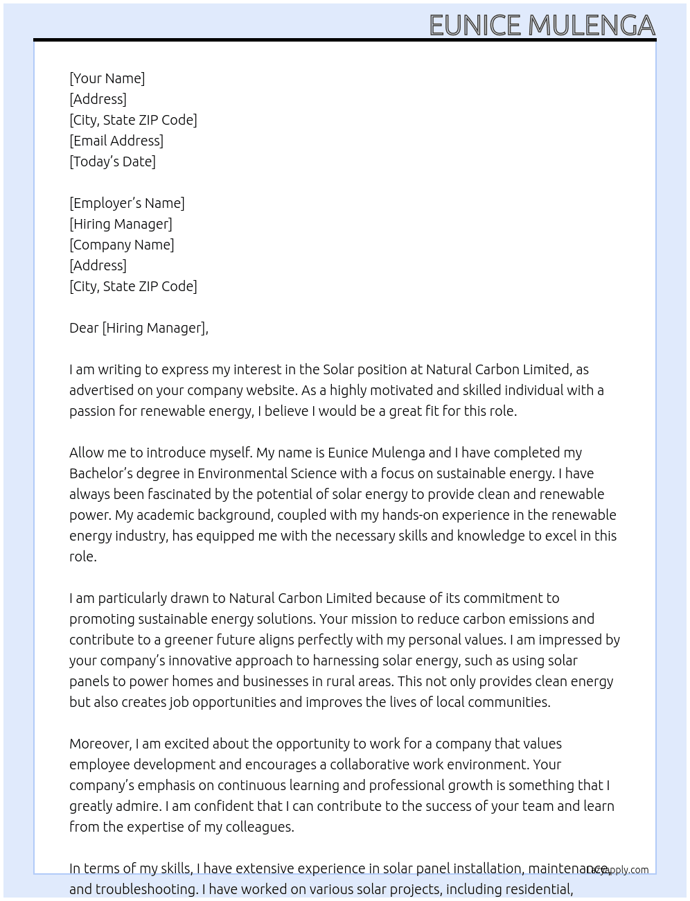 Solar  At Natural carbon limited  Cover Letter
