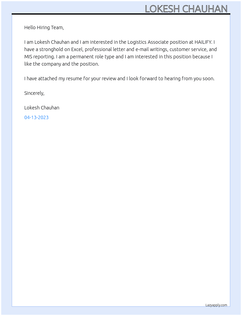 Logistics Associate  At HAILIFY Cover Letter