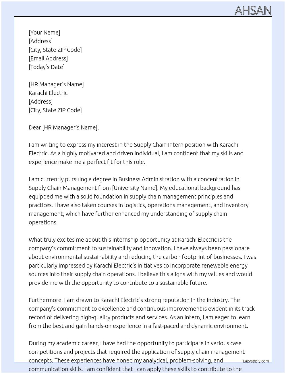 Supply Chain Intern At Karachi Electric  Cover Letter